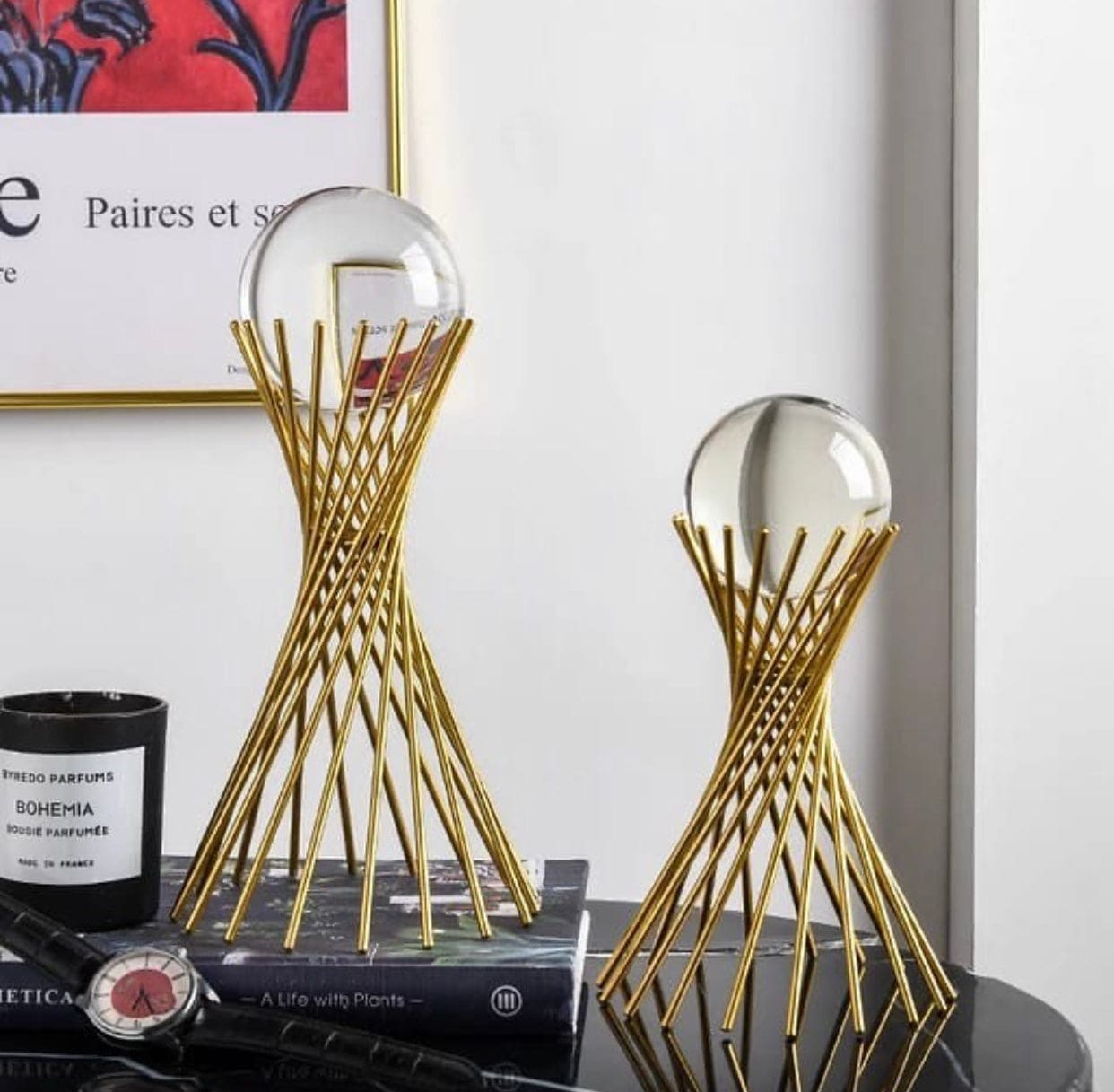 Golden Iron Crystal Ball With Geometric Metal Brass Stand, Ornament Desk Statue Sculptor Decor Golden Iron Crystal Ball With Geometric Metal Brass Stand, Ornament Desk Statue Sculptor Decor